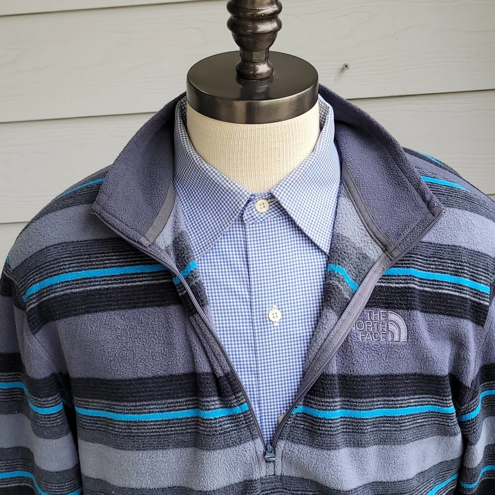 THE NORTH FACE Grey Blue Striped‎ Fleece Polyester Sz L Half Zip Pullover Jacket
